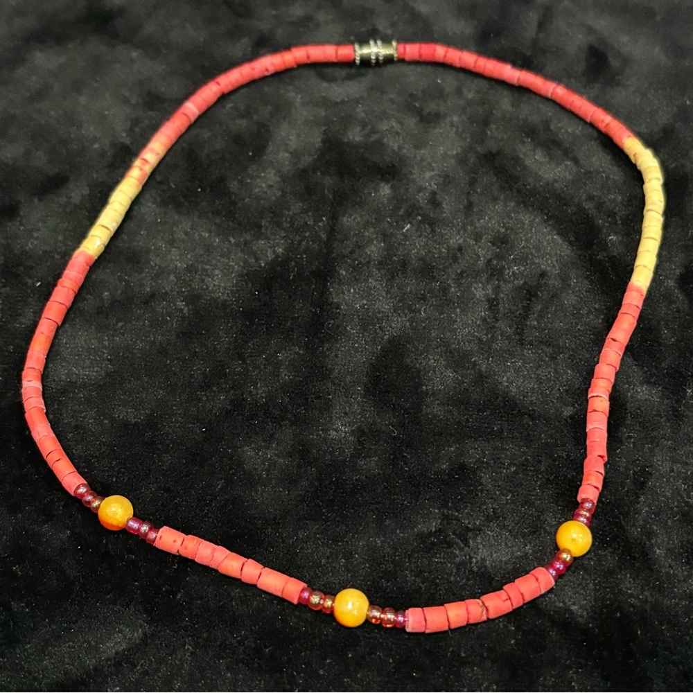 Handmade Handcrafted Red Yellow Orange Beaded Necklace W/ Twist Clasp